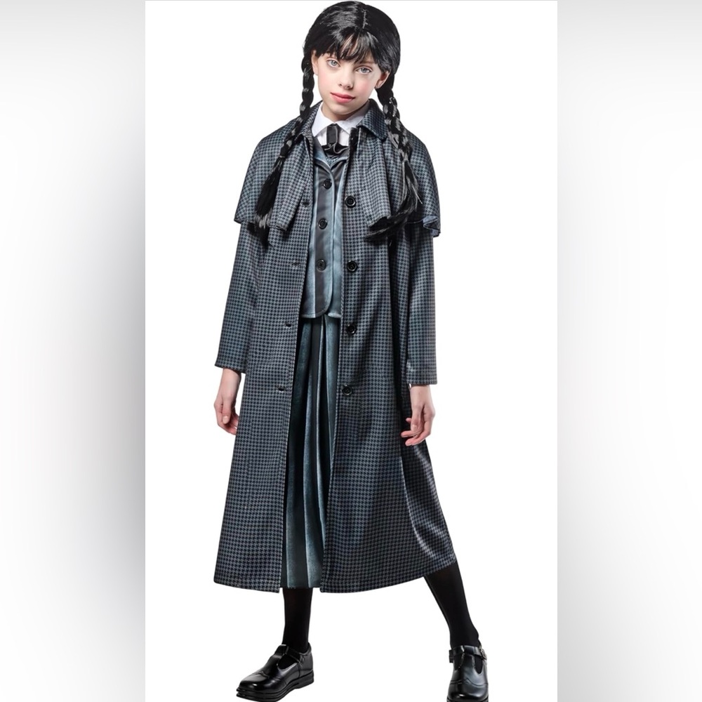 Wednesday Addams Houndstooth Long Trench Coat Charcoal and Black Childs Med 7/8
